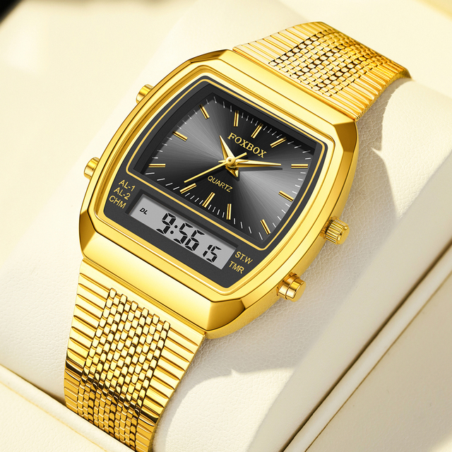 LIGE FB0097 Gold Dual Digital Time Zone Watch Square Wristwatch for Men Waterproof Stainless Steel Electronic Luminous With Box