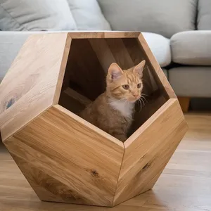 Moderne Natuurlijk Massief Houten Huisdierenmeubels Kattenbed Grot Cadeau Voor Kattenas En Eikenhout Bijzettafel Eiken Kattengrot