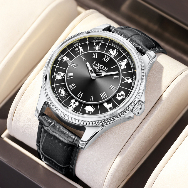 LIGE LG89273 Men's Watch 12 Zodiac Constellations Astronomy Watch Roman Numeral Luminous Rolling Pointer Leather Wristwatch Gift