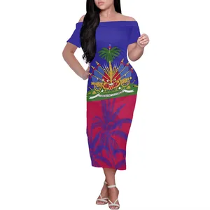 Customized Wholesale Haitian Traditional Dresses Women's Summer Short Sleeve Fitted Strapless Dresses Haitian Flag Cultural Wear