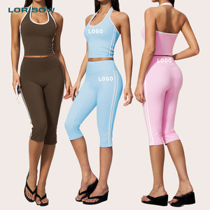 LORISOW Ropa de Yoga con Logotipo Personalizado, Conjunto Deportivo de <span class=keywords><strong>Dos</strong></span> Piezas para Exteriores, Corte Ajustado, Capri, Ropa de Pilates, Top Deportivo Halter con Rayas en Contraste - Product Image 1