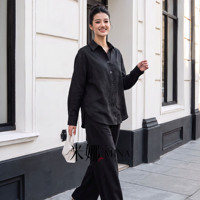 Ensemble deux pièces pour femmes en mélange coton-rayonne, chemise à manches longues boutonnée et pantalon large, bleu marine uni, ensemble décontracté pour femmes, vente en gros