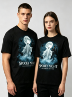 T-shirt graphique Halloween Ghost Spooky Night, T-shirt épais pour fête d'Halloween, Logo personnalisé, Vente en gros, Haut imprimé à manches courtes
