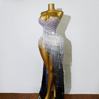 Robe mini sans bretelles à franges et sequins, ornée de strass et de perles, en maille, pour scène, tenue de performance pour femme, sur mesure, style Drag Queen