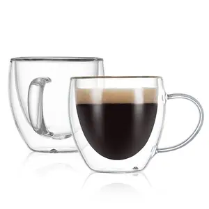 Оптовая продажа прозрачных кофейных кружек ENTESI, изолированные кофейные кружки с двойными стенками, набор стеклянных кофейных кружек с ручкой для капучино латте