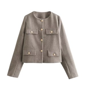 Fashonツイードジャケット女性用秋冬長袖シングルブレストクロップドコート女性用ソリッドOネックポケットアウタートップ - Product Image 4