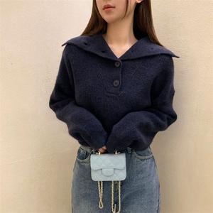 Suéter Casual de Mujer con <span class=keywords><strong>Cuello</strong></span> <span class=keywords><strong>Marinero</strong></span> y Decoración de Botones, Color Sólido, Tejido de Punto, Corte Holgado para la Temporada de Otoño - Product Image 4