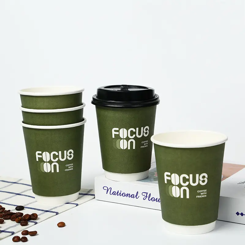 Tasses à café en papier noir écologiques à double paroi avec impression personnalisée et jetables 8oz 10oz 12oz 18oz boisson chaude avec couvercle