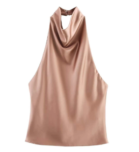 Vente en gros Nouveauté été Débardeur sexy <span class=keywords><strong>dos</strong></span> <span class=keywords><strong>nu</strong></span> en satin texturé pour femme, style rétro chic et élégant, à col licou - Product Image 5