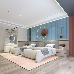 Ensemble de chambre d'hôtel moderne et classique : Lits jumeaux simples avec cadre et matelas, tête de lit en bois, table de chevet pour hôtel commercial 3 étoiles - Product Image 2