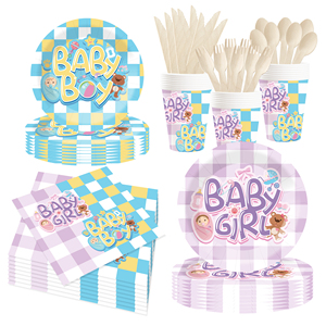 Juego de vajilla desechable para fiesta de revelación de género de bebé DAMAI, platos de papel con diseño a cuadros para suministros de baby shower, para 8 personas. - Product Image 2