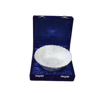 Silver Plated Brass <b>Bowl</b> With Emboss in a <b>Blue</b> Velvet Box - Product Image 1