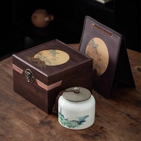 Emballage de boîte-cadeau en bois souvenir de thé personnalisé tasse à café de voyage en céramique pot de stockage de poterie avec boîte-cadeau en bois