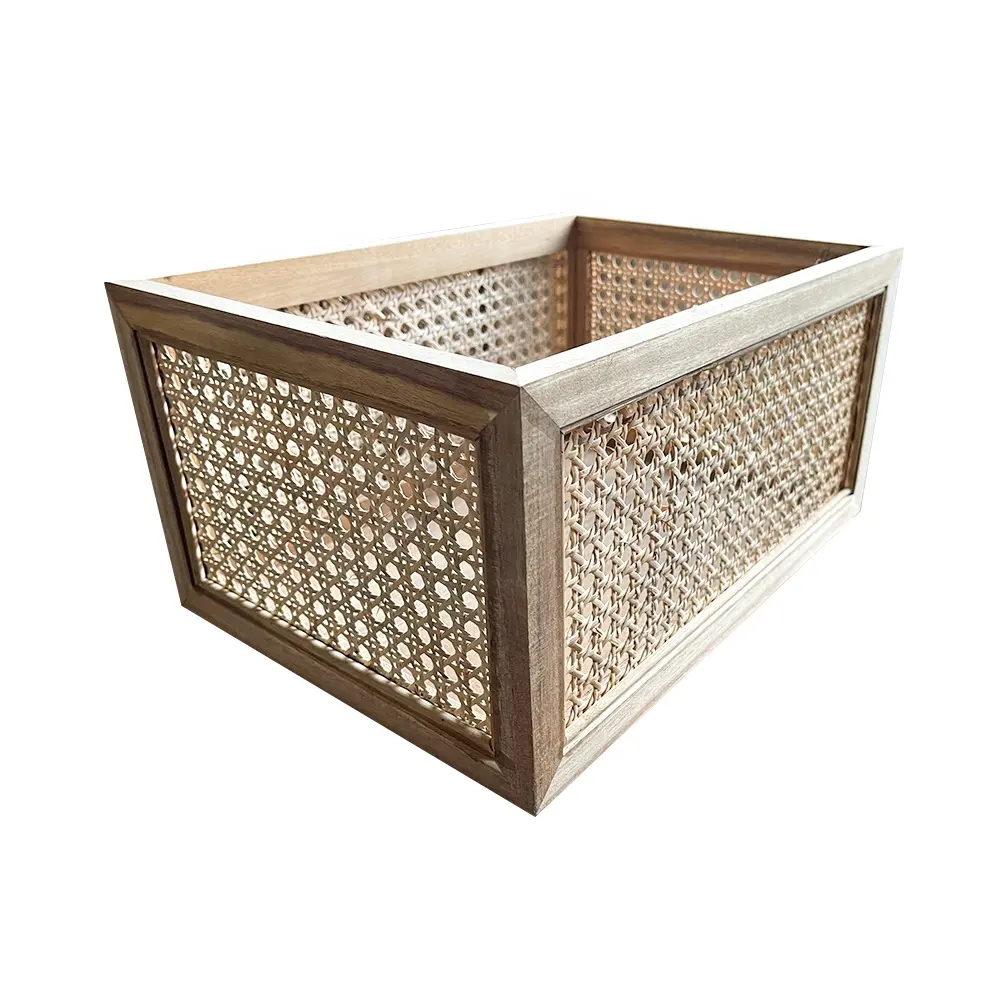 Cesta de bambú de madera tejida Natural, caja de almacenamiento de cajón de oficina de secado solar, cesta de almacenamiento con marco de madera