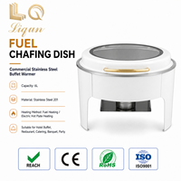 Estufa Buffet Redonda Blanca LQ 6L con Tapa de Acero Inoxidable, Asa Dorada, Ventana de Vidrio, Calefacción a Combustible y Eléctrica para Hotel y Restaurante