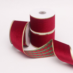 Pita Grid dengan Pinggiran Berlapis Emas, Pita Pembungkus Natal DIY untuk Dekorasi Pohon Natal & Hadiah - Product Image 1