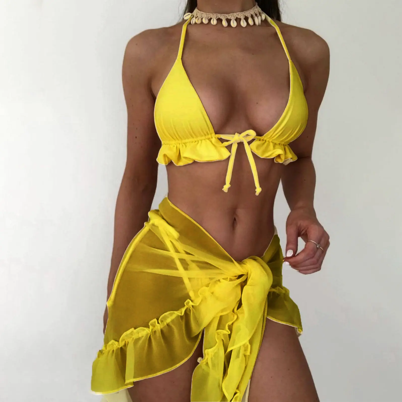 2022 Neue 3-teilige Mesh Bikini Falten rock Bade bekleidung Sexy Durchsichtige Frau Badeanzüge 3-teilige Cover Up Beach wear