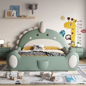 Cartoon Dinosaur Kids <b>Bed</b> with <b>Slide</b> & Guardrails Modern Full <b>Bed</b> for Boys Comfortable Solid Wood Minimalist Design - Product Image 3