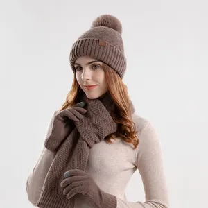 Damen Winter gestrickt langer Schal und Touchscreen Handschuhe-Set Fleece gefüttert Beanie Hut mit Faux-Pom-Pom