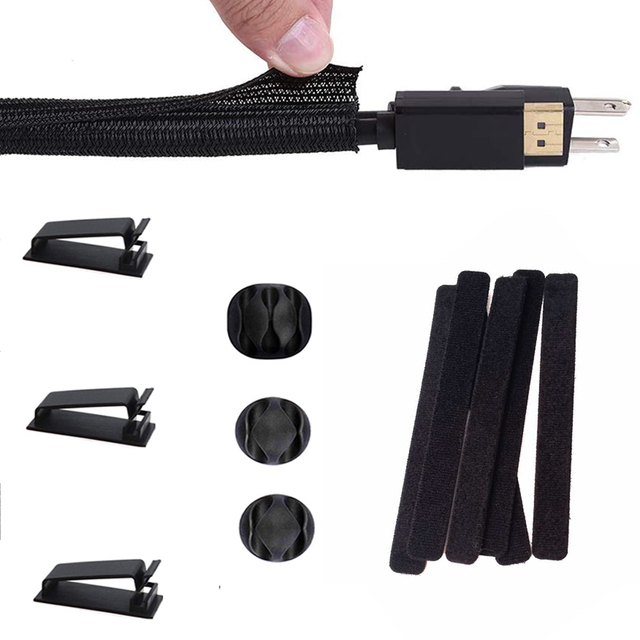Self-Braided Sleeve Cable Management Kit 1PCS Cable Clip Hook and Loop Tie for 10mm Spiral Wrapping Protect Cables