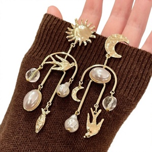 Vintage Gold Color Pearl <b>Drop</b> Earrings Asymmetric <b>Sun</b> Moon Dangle Earrings for Women Party Wedding BEST - Product Image 4