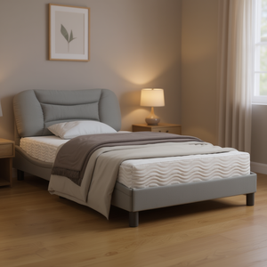 Letto Imbottito in Tessuto Grigio Chiaro, Design Moderno e Morbido, Struttura in Legno, Misura Full Size, Arredamento Camera da Letto - Product Image 2