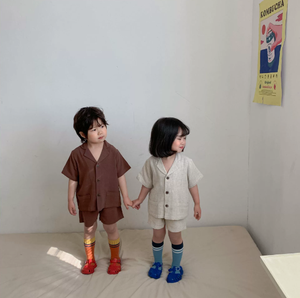 Ensemble de vêtements d'été pour enfants, garçons, chemises en <span class=keywords><strong>lin</strong></span> <span class=keywords><strong>beige</strong></span> marron uni, shorts, garçons, filles, décontracté, enfants, ensembles 2 pièces - Product Image 4