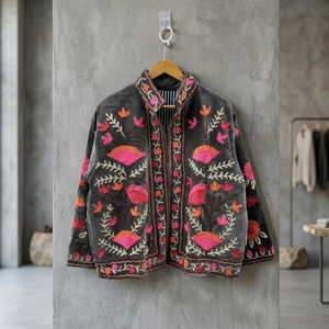 Custom Hand Embroidered Charcoal Velvet Suzani Jacket Women Reversible Floral <b>Short</b> Coat Wholesale Ethnic Boho Outerwear - Product Image 4