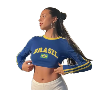 <span class=keywords><strong>Camiseta</strong></span> Deportiva <span class=keywords><strong>de</strong></span> Manga Larga con Estampado Gráfico <span class=keywords><strong>de</strong></span> <span class=keywords><strong>Brasil</strong></span>, Color Azul Marino, para Fitness, Fútbol, con la Bandera del País, para Mujer - Product Image 1