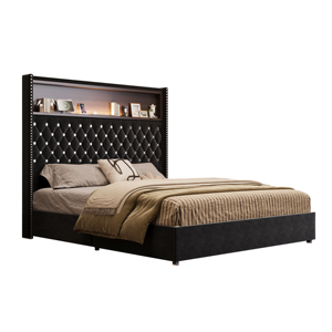 Modern <b>Queen</b> <b>Size</b> Adjustable Velvet Tufted Storage <b>Bed</b> Frame with USB Port and Night Light 52'' High Headboard Rivet Decoration - Product Image 4