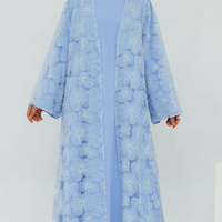 Gaun Abaya Wanita Muslim Mewah Buatan Tangan 2026, Busana Abaya Sederhana Modis dengan Renda Bertekstur 3D Motif Bunga dan Manik-Manik, Abaya Terbuka dengan Hijab Senada