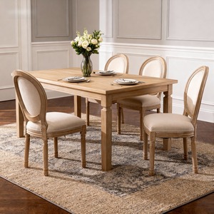 Juego de 2 sillas de comedor con respaldo ovalado, tapizadas en lino, con estructura de madera maciza estilo francés, color beige - Product Image 2