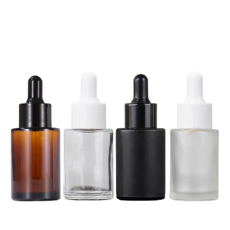 30ml 1oz Matte Black Frost Transparente Amber Glass Cosmetic Soro Óleo Essencial Dropper Bottle