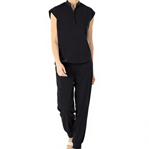 <b>Women</b> <b>Black</b> <b>Scrub</b> Set Cotton Polyester Woven Hospital Uniform Pants Sleeveless Top - Product Image 4