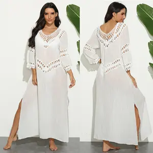 Fábrica de señoras Sexy cuello en V mano Crochet blanco Playa Larga vestido Casual con hendidura