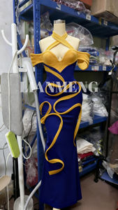 LM D115 ロイヤルブルー ゴールドトリム クリスタルベルベット マーメイドガウン ショルダー スイートハート Vネック ボディコンフィット フォーマル イブニング プロムドレス - Product Image 2