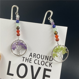 Mới đến đá quý tự nhiên bảy Chakra Bookmark cây của cuộc sống chữa bệnh Reiki Mặt dây chuyền Bookmark retro kim loại lông lá Bookmark - Product Image 4