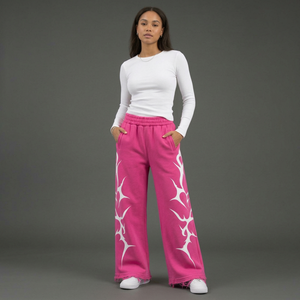 Pantalones de chándal anchos de cintura elástica media, transpirables, estilo Y2K, hechos a medida para mujer, color rosa intenso con dobladillo deshilachado, pantalones holgados. - Product Image 1