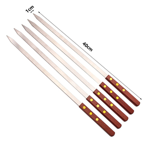Bán Buôn <span class=keywords><strong>BBQ</strong></span> Nướng Phụ Kiện Tái Sử Dụng Phẳng Thép Không Gỉ Thịt Nướng Xiên Với Tay Cầm Bằng Gỗ Xoay Kebab <span class=keywords><strong>BBQ</strong></span> Xiên - Product Image 2