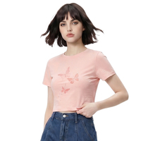 Nouveauté T-shirt femme en coton/spandex uni à col rond, coupe slim, style coréen, imprimé personnalisé, respectueux de l'environnement