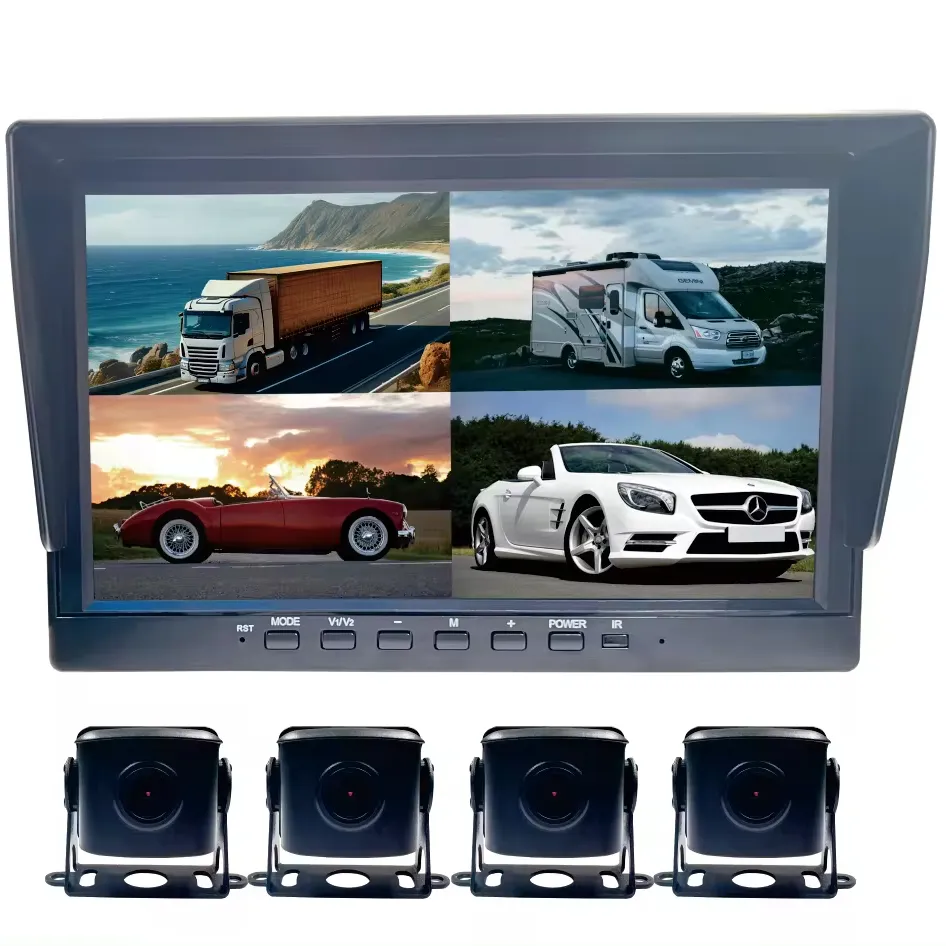 תמיכה במערכת HD Quad View בגודל 10 אינץ' 4CH 1080P או 720P גיבוי חניה צדדית צג מצלמת רוורס עבור מכוניות משאיות רכב
