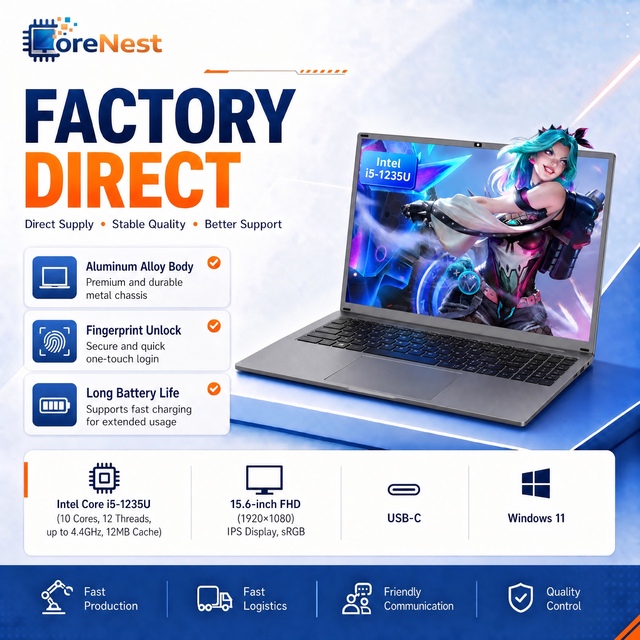 CoreNest Professional 15.6 Inch Business Laptop Intel I5 1235U 12th Gen Fingerprint Secure Notebook PC Office Work Laptop