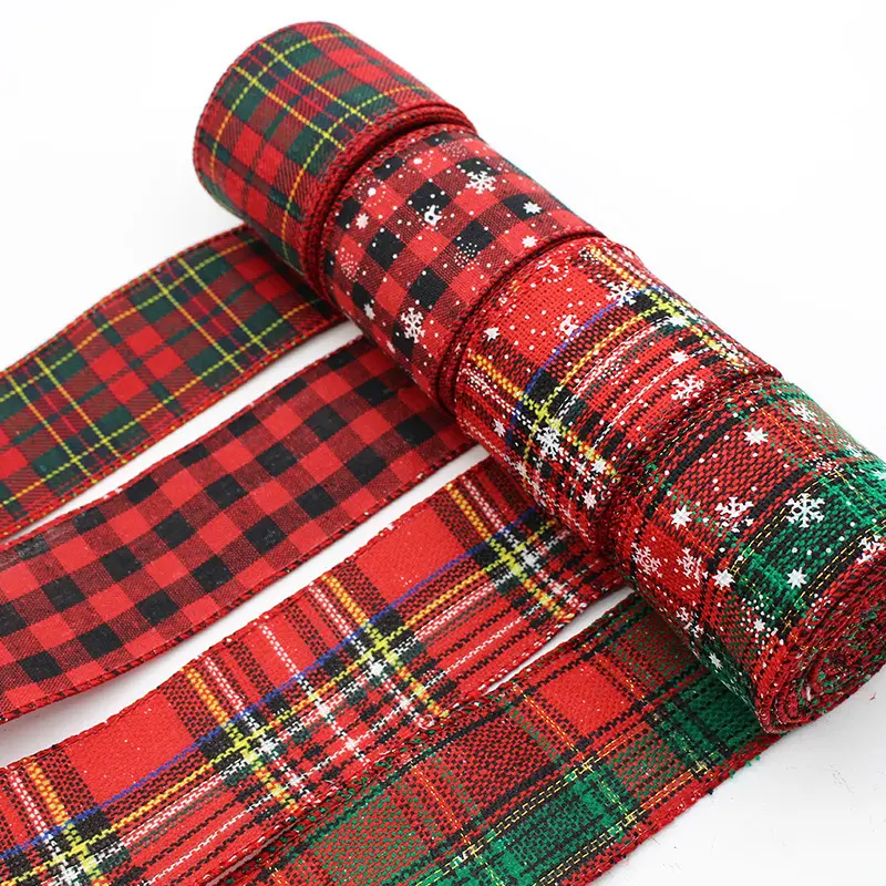 Wholesale christmas ribbon Wire Edge Fall Ribbon Roll Plaid Check Wired Edge Woven Printed Decorative & Halloween Ribbon