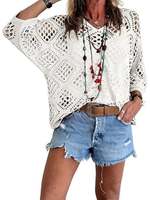Pull-over élégant d'été pour femme, col en V, motif losanges, manches chauve-souris ajourées, tricoté à la main en polyester/spandex