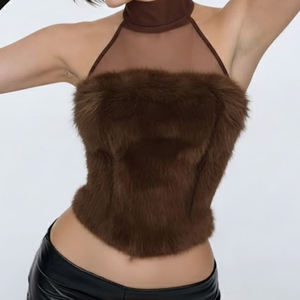 Top sin mangas sexy con cuello alto y diseño de malla con peluche, estilo urbano y moderno - Product Image 5