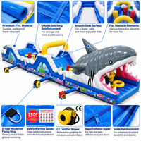 Toboggan aquatique gonflable Ceyu avec entrée en forme de bouche de requin, imprimé animaux marins, arche ondulée et zone de saut pour la location de fêtes pour enfants