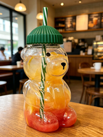Gobelet en plastique avec paille en forme d'ours, motif de dessin animé mignon pour enfants, pour boire de l'eau, du café, du jus, avec bouchon