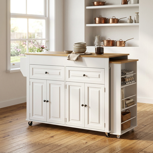 Îlot de <span class=keywords><strong>cuisine</strong></span> blanc <span class=keywords><strong>sur</strong></span> roulettes, table de <span class=keywords><strong>cuisine</strong></span> extensible avec tiroir de rangement, armoire et étagère à épices - Product Image 1