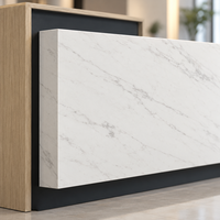 Bureau d'accueil d'entreprise moderne avec panneau frontal aspect marbre blanc et base foncée, mobilier de hall commercial pour usage de bureau moderne