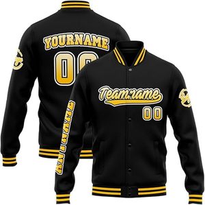 Veste de baseball unisexe noire et jaune avec broderie de logo personnalisé, style varsity, streetwear, patch en chenille, veste bomber, vêtements d'équipe - Product Image 2